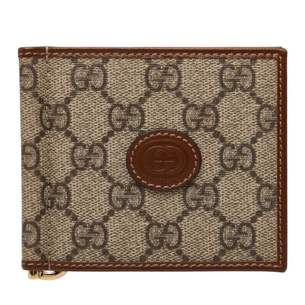 Gucci GG Supreme Money Clip Bi fold Wallet Beige Cream Brown Leather